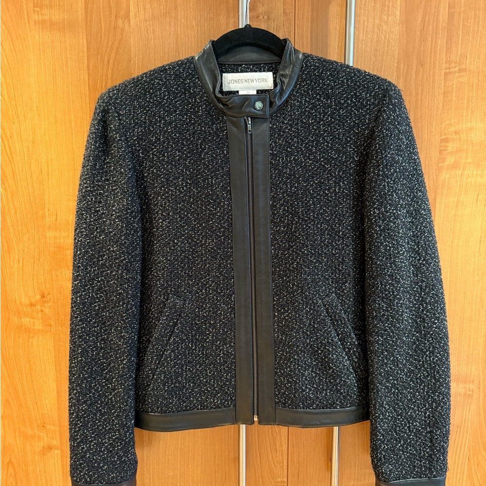 Jones New York Tweed Jacket with Faux Leather Trim – Size 10